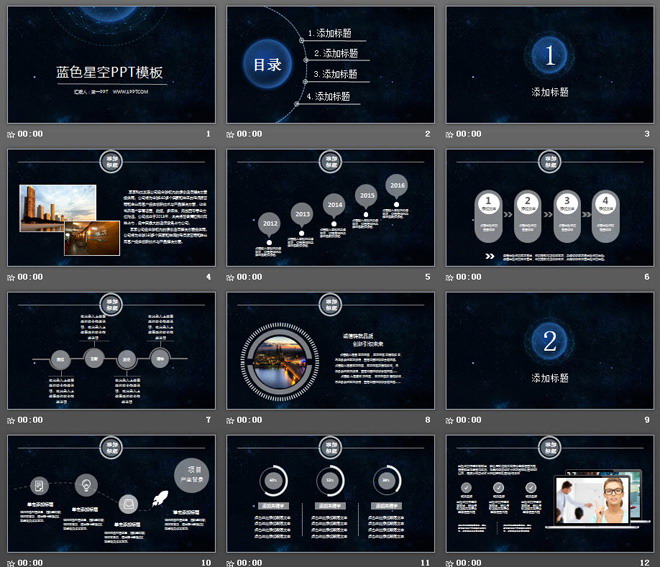 蓝色星空背景的精美动态工作总结PPT模板免费下载
