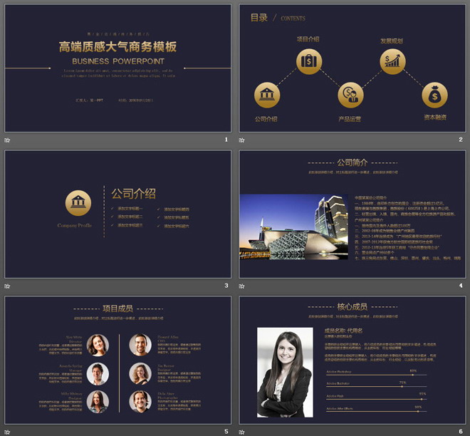 蓝底金字图文排版商业融资计划书PPT模板