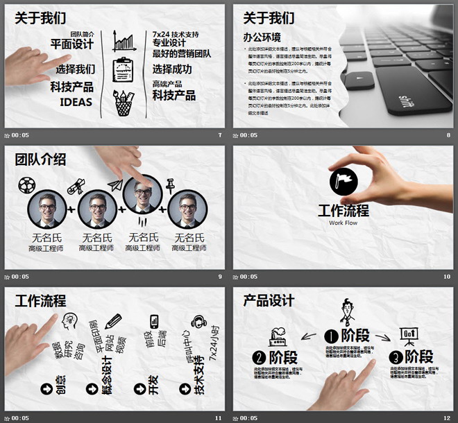 创意手绘搭配动态手势背景的公司简介PPT模板