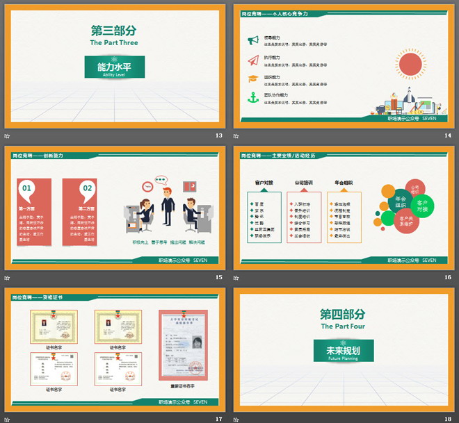 绿橙配色圈边设计的个人竞聘PPT模板