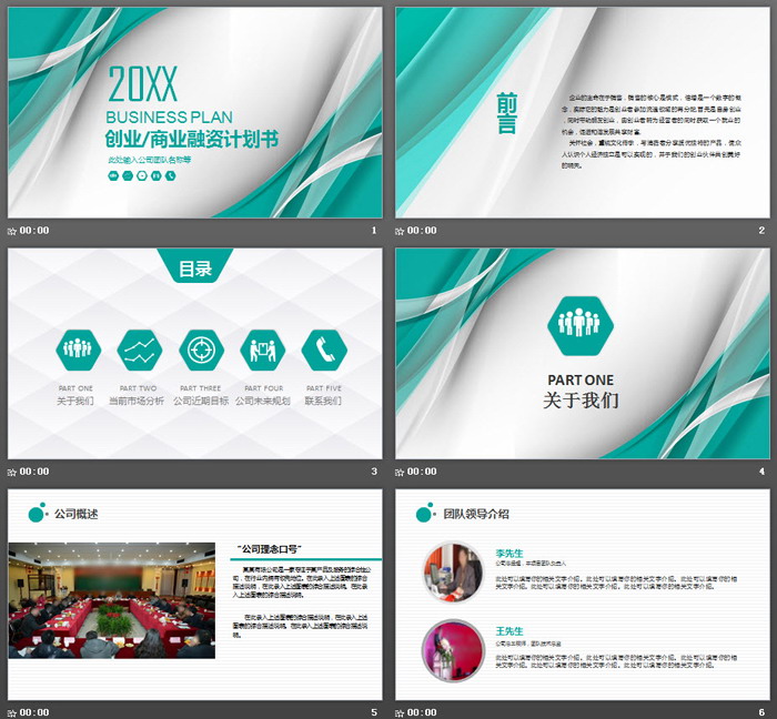 绿色优美线条背景商业计划书PPT模板