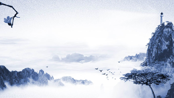 蓝色水墨山水古典中国风PPT背景图片