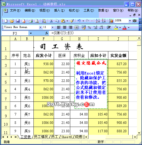Excel2003入门教程46：Excel锁定和隐藏公式