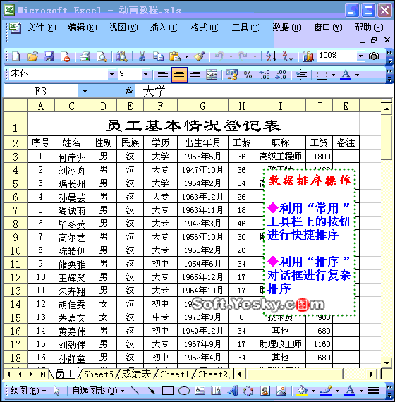Excel2003入门教程21：Excel表格数据如何自动排序