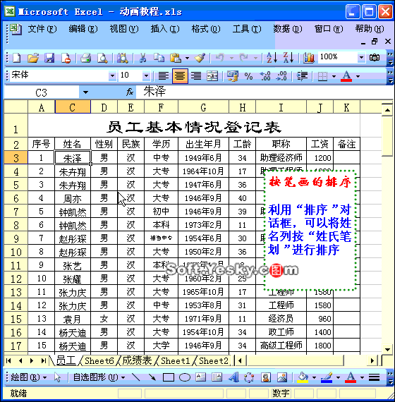 Excel2003入门教程20：按姓名笔画排序