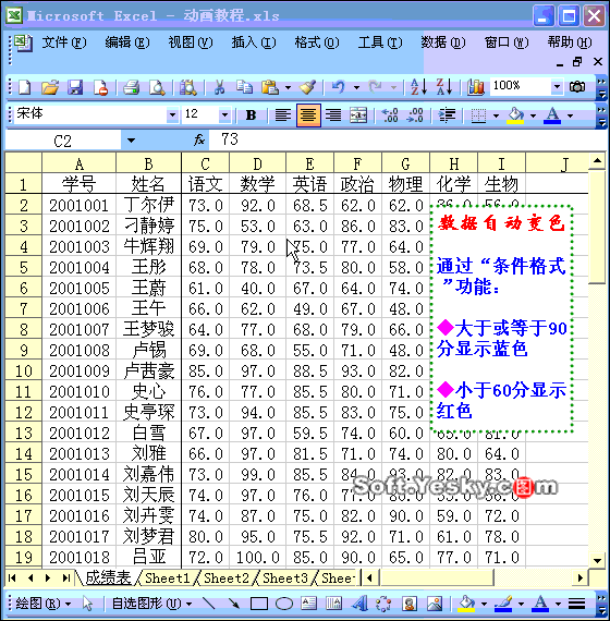 Excel2003入门教程23：根据条件Excel表格自动填充颜色