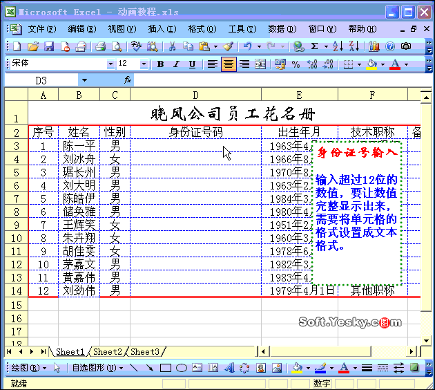 Excel2003入门教程12：在Excel表格中输入身份证号码