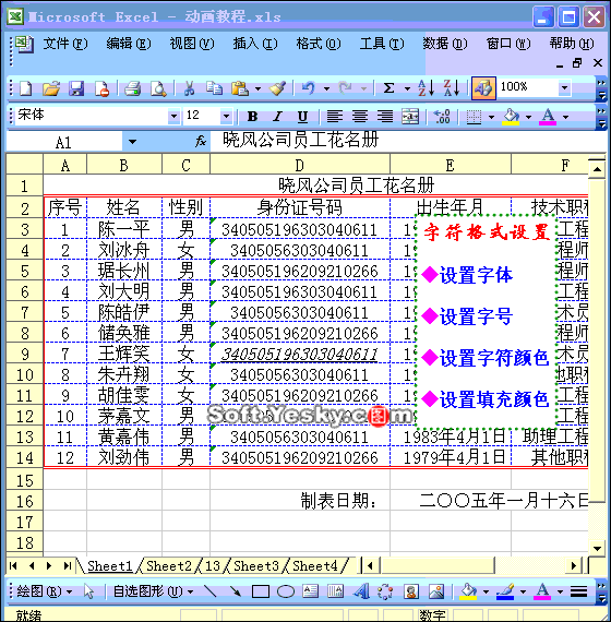 Excel2003入门教程2：给Excel表格中的文字添加颜色