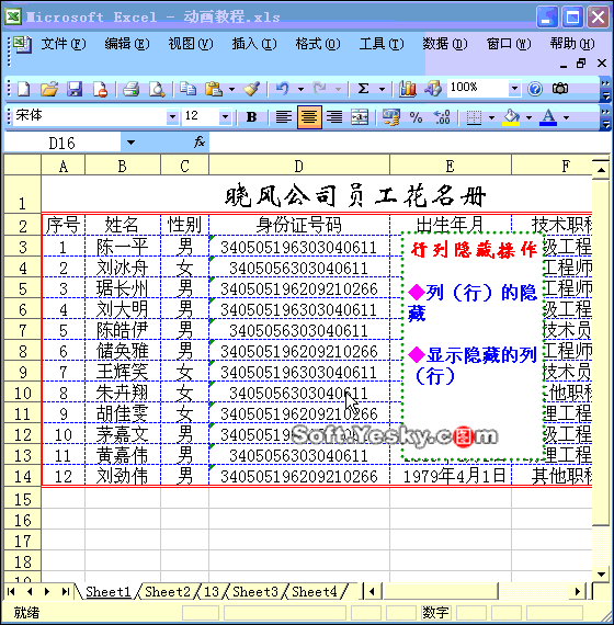 Excel2003入门教程6：Excel隐藏和显示隐藏行、列