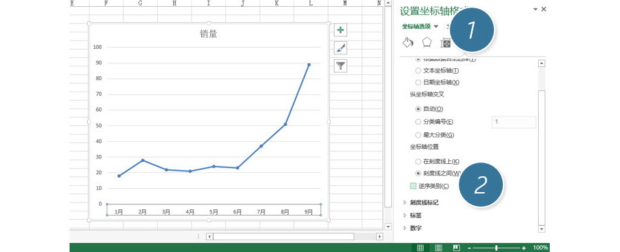 Excel如何翻转图表的水平坐标轴，并保持垂直坐标轴在左侧？
