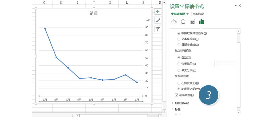 Excel如何翻转图表的水平坐标轴，并保持垂直坐标轴在左侧？